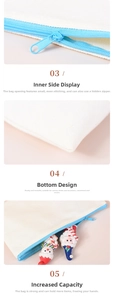 Detail showing high-quality stitching and light blue zipper on white canvas cosmetic bag