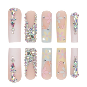 Colorful floral press-on nails with crystal rhinestones in vibrant macaron pastel tones