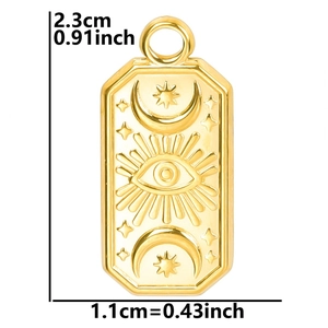 Detailed size view of a 18k gold evil eye rectangle pendant showing 2.3cm height