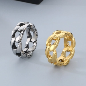 Hip hop hollow Cuban link chain rings for men in gold and silver stainless steel finish