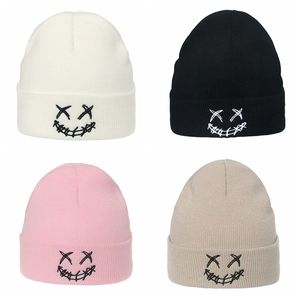 Beanie Hat Acrylic Stitched Smile Face XX Eyes Ribbed Knit Fold Over Cuff Warm Streetwear Winter Unisex Adults