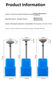 Detailed size chart for diamond nail drill bits with technical data for russian manicure tools