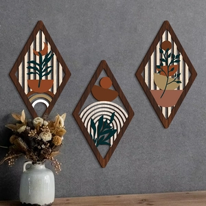 Bohemian rhombus wooden wall decor set featuring minimalist botanical leaves and sun motifs