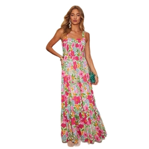 Bohemian floral maxi dress with smocked bodice and multi-tier colorful ruffled skirt