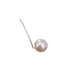 Minimalist stainless steel box chain earrings with shiny round white pearls on white background