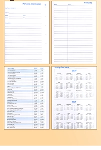 Detailed view of 2025-2026 planner pages including calendar, contacts, and holidays