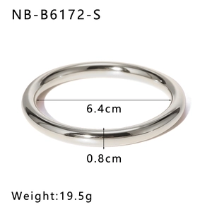 Polished silver stainless steel bangle showing 6.4cm inner diameter and 0.8cm width