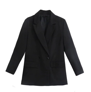 Detailed flat lay of black double-breasted women's blazer with lapels and long sleeves