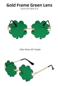 Detailed front and side views of gold-framed green shamrock sunglasses for St. Patrick's Day