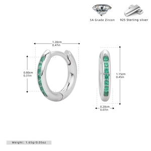 Detail view of S925 sterling silver hoop earrings with 5A grade green zircon settings