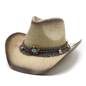 Western straw cowboy hat with turquoise bead trim and vintage spray-painted wide brim