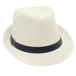 Close-up of white woven straw hat featuring a black leather band and metal buckle detail