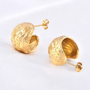 French style gold C-shaped hoop earrings with unique lava texture and brushed finish