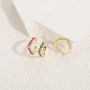 Elegant 14K gold plated V-shaped rings with red and green zircon gemstones set on stone