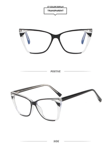 Detail view of square cat-eye glasses with transparent TR90 frame and anti-blue light lens
