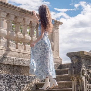 Romantic blue and white floral one-piece swimsuit with ruffled skirt and matching sunsuit