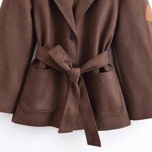 Brown faux suede trench coat with belted waist and large utility pockets for women