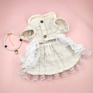 Detailed macro view of tweed pet dress with elegant white lace layers and metal buttons