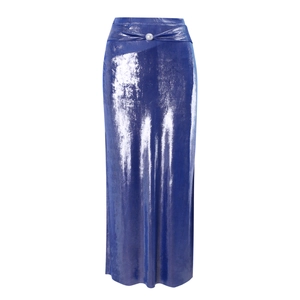 Detail of royal blue shimmering bikini bottom featuring a central pearl accent on waist