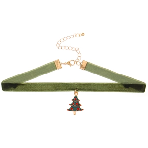 Green velvet Christmas tree choker necklace with adjustable gold chain and lobster clasp