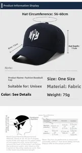 Size chart showing baseball cap dimensions with brim 7.5cm and depth 11cm details