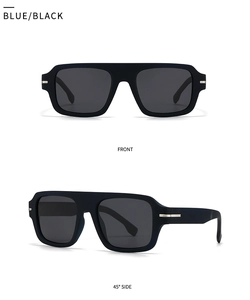 Front and side view of square polarized sunglasses with silver metal temple accents