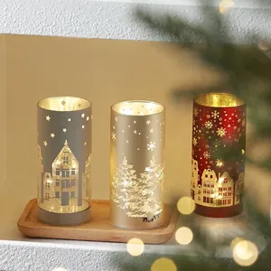 Three-piece set of decorative Christmas glass cylinder lights with warm LED town scenery