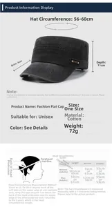 Detailed size chart for cotton military flat cap with head circumference measurements