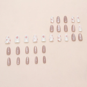 Red-brown cat-eye press-on nails set with pink tulip flower patterns for women