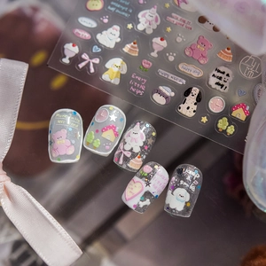 Detailed 3D embossed nail stickers featuring cute cartoon bears, bunnies and dogs