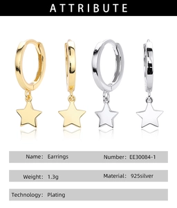 Detailed specs table showing 925 silver star earrings dimensions and plating process