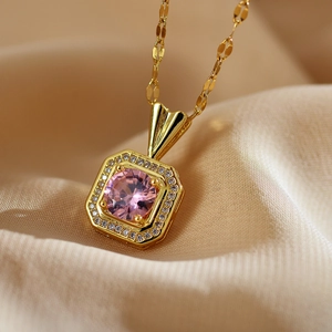 Women Gold Plated Geometric Square Pink Rhinestone Pendant Necklace Titanium Steel Snake Chain Jewelry For Daily Commute