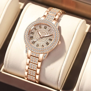Luxe Dames Quartz Horloge Volledige Strass Metaal Legering Armband Romeinse Cijfers Elegant Ronde Wijzerplaat Sieraden Sluiting