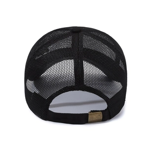 Rear view of black breathable mesh trucker hat with adjustable bronze metal buckle