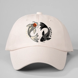 Adjustable beige baseball cap featuring embroidered yin yang koi fish in Japanese style