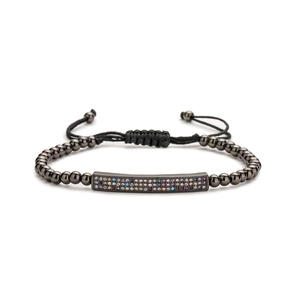 Adjustable black beaded bracelet featuring micro-pave colorful zircon long bar charm