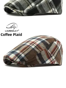 Detailed close-up of brown and grey plaid beret hats showing premium tweed texture