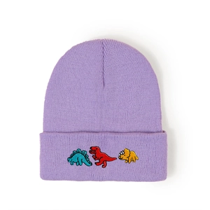 Cute purple knitted beanie for kids with colorful dinosaur embroidery and cuffed design