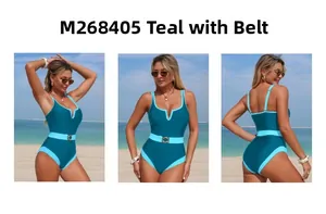 Teal blue one-piece swimsuit with belt and contrast piping shown in three beach views