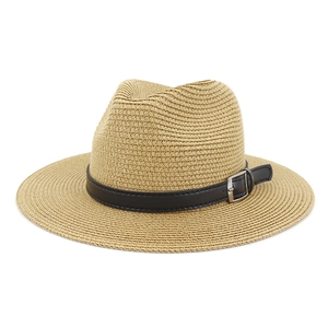 Classic beige straw fedora beach hat with black faux leather band and silver buckle