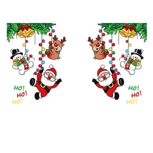 Cartoon Christmas window decals featuring Santa, snowman, and reindeer on a white background