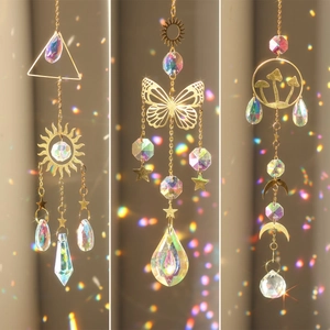 Crystal Suncatcher Hanging Ornament K9 Glass Metal Moon Sun Star Butterfly Mushroom Rainbow Maker Window Garden Decor