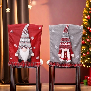 Lot de 2 housses de chaise de Noël avec gnomes, volants à carreaux et tissu lin