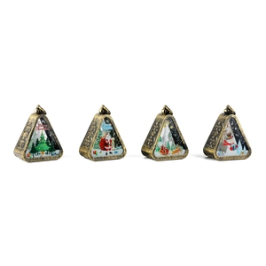 Set of four bronze Christmas lanterns featuring Santa, Reindeer, and Snowman details