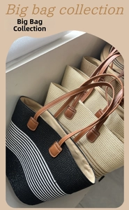 Big bag collection featuring woven tote bags with leather handles in beach style
