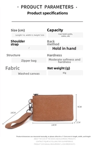 Detailed size chart for washed canvas coin purse showing dimensions of 14x9x1cm and strap