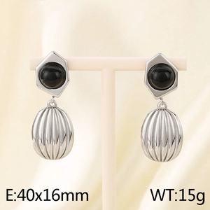 Detail view of silver oval earrings with black stone on stand, 40x16mm, weight 15g