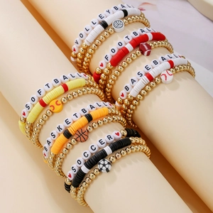 Bracelet À Perles Thème Sport Élastique Argile Polymère Perles Métalliques Football Basketball Volleyball Bijoux De Fan