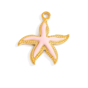 Macro detail of a pink starfish pendant with golden metal edges and textured finish