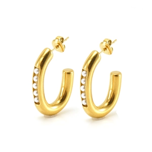 Chic gold-plated C-shaped stainless steel hoop earrings with delicate pearl inlay